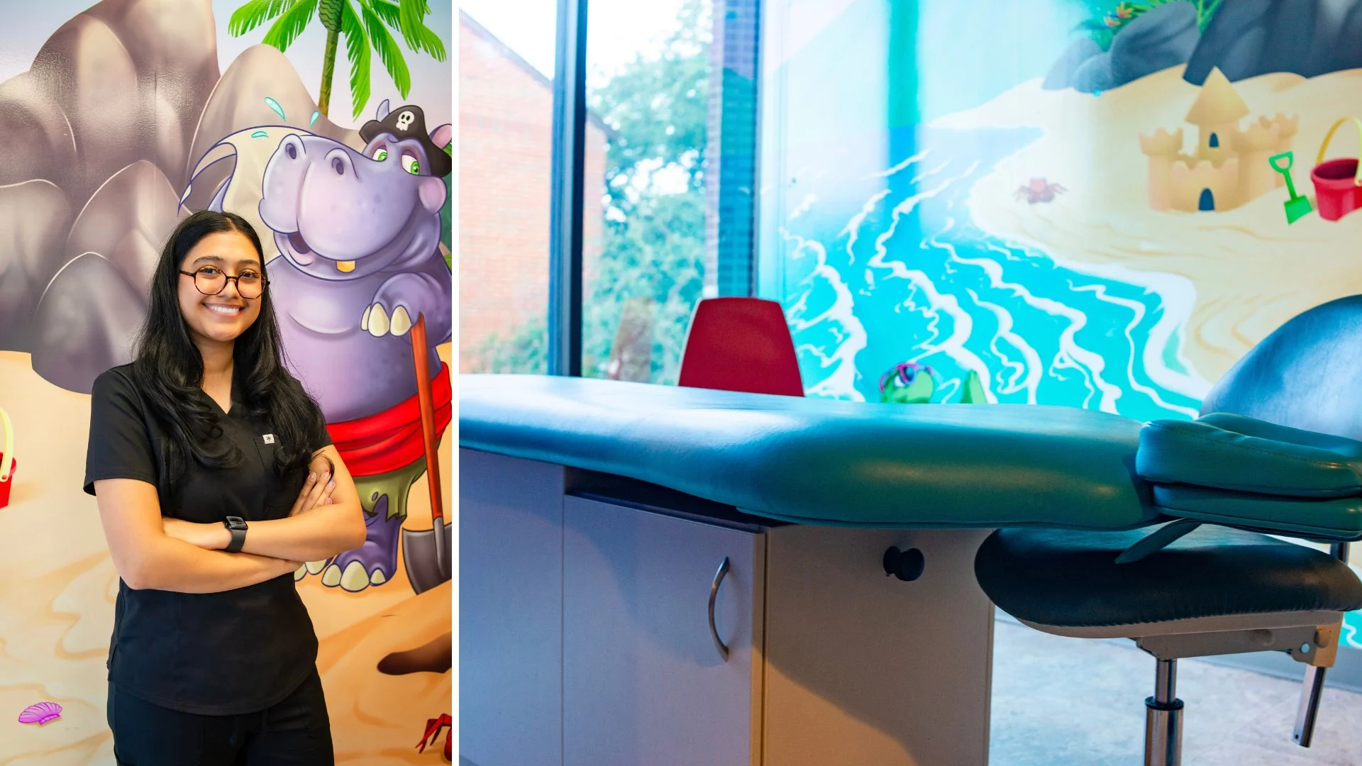 Child smiling at Just Kids Dental office during first dental visit in Dallas