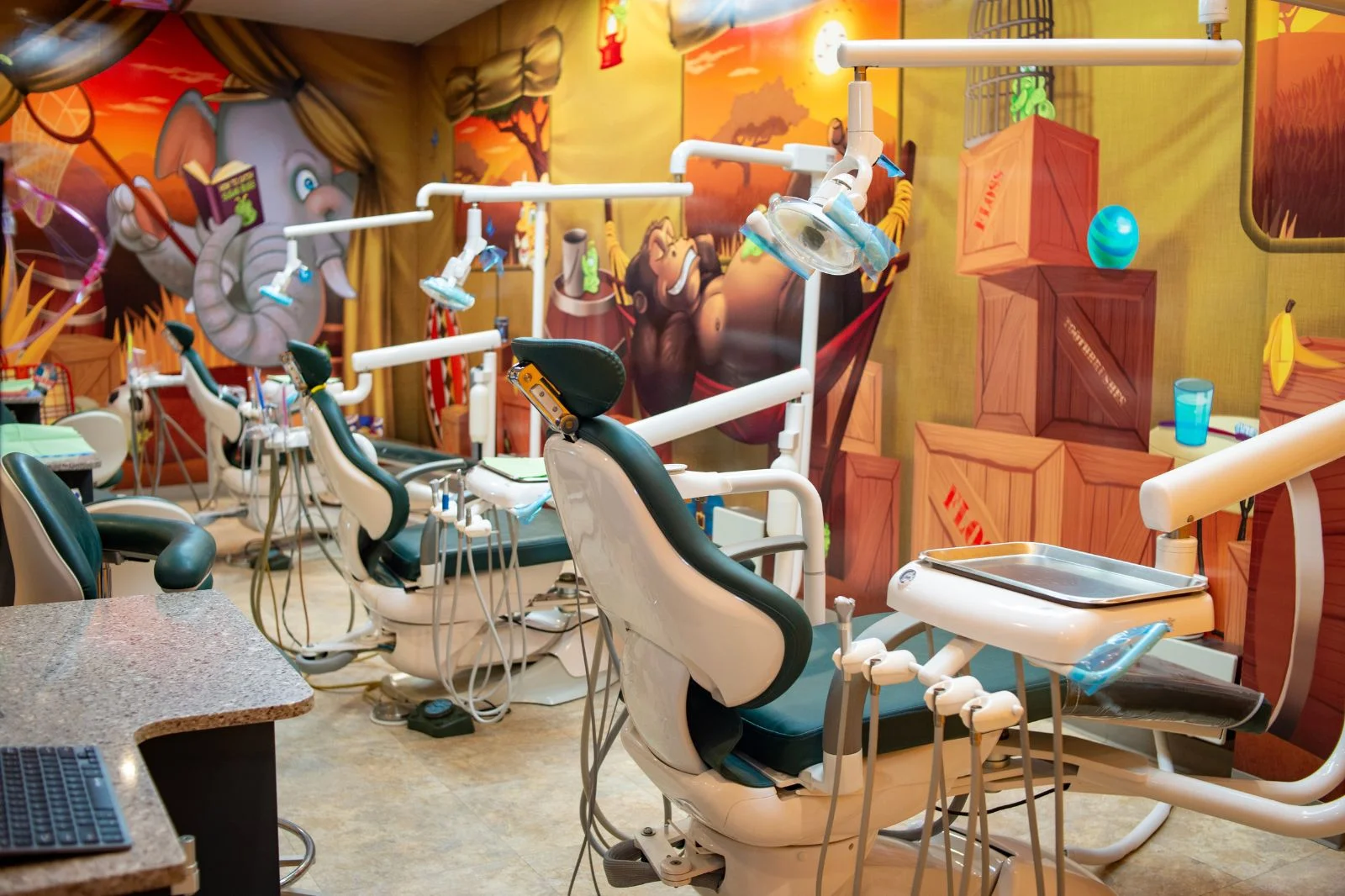 Jungle-themed play area at Just Kids Dental Dallas
